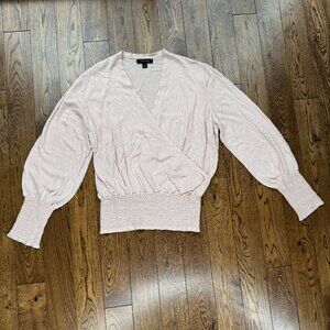 Ann Taylor Women's Smocked Wrap V-Neck Sweater Pink Coquette Boho Viscose XL